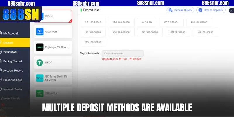 Multiple deposit methods are available